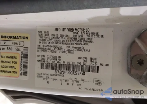 2016 Ford Fusion Se z USA, uszkodzony, nr VIN 3FA6P0HD0GR273758